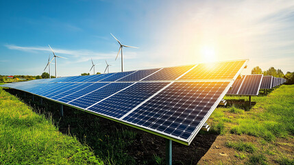 Solar Energy Field: Gleaming Panels, Bright Sunlight, Wind Turbines, Green Landscape, Sustainable Technology, Clean Energy Future