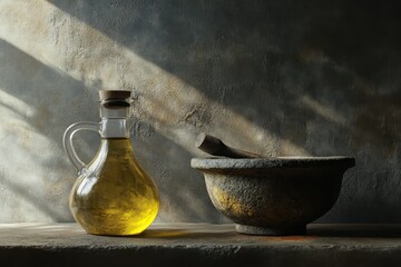 Photograph of an olive oil jug and stone mortar