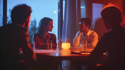 Small group of people discussing around a table.


