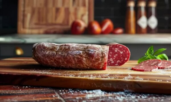 Wooden cutting board with salami, Video