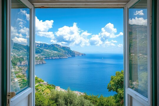Fototapeta Picturesque view of the Mediterranean Sea and Italian coast from a room on a sunny summer day in Amalfi near Sorrento