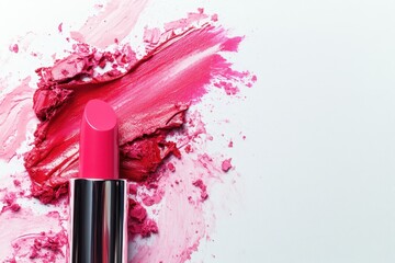 Pink and red marble lipstick smudge on a white background with space for text