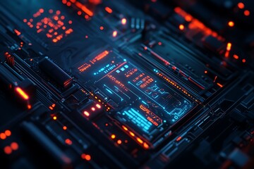 Obraz premium Abstract digital circuit board with glowing red and blue lights. Technology background
