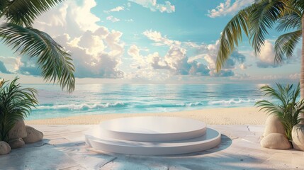 Fototapeta premium Empty podium for product presentation. A podium on the beach with palm trees under an azure sky. 