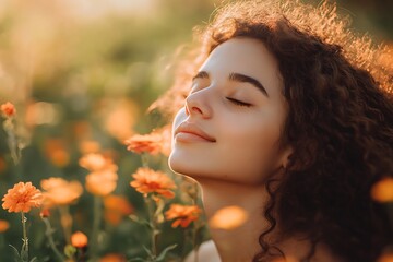 Naklejka premium Woman enjoying fresh air in field of blooming flowers, concept of nature, happiness, peace, and tranquility
