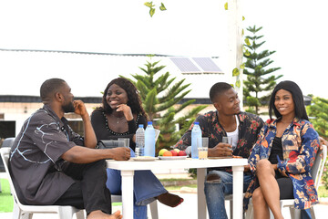 Group of friends enjoying wine and food in back yard