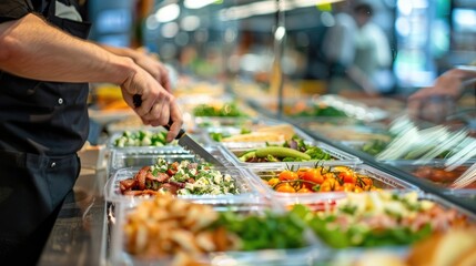 A person is preparing a salad at a salad bar. This image is perfect for food, healthy eating, and restaurant concepts.