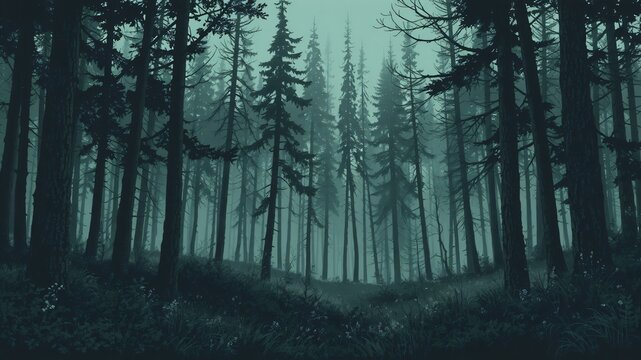 dark forest minimalist illustration eerie scary background