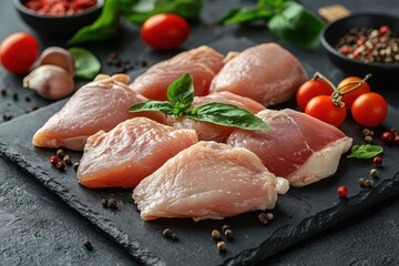 Raw chicken pieces including fillets thighs wings strips and legs ready for frying arranged on a culinary table with spices and cherry tomatoes