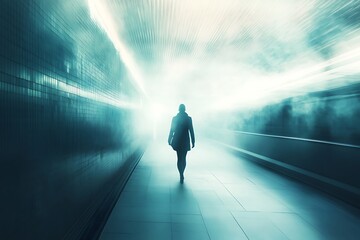 Silhouette of person walking into bright light at end of hallway with fog or smoke. Concept of hope, future, success, and dreams.