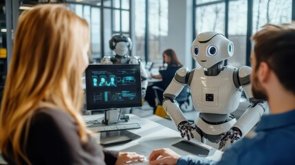 Team working with robotic assistants in an innovative workspace