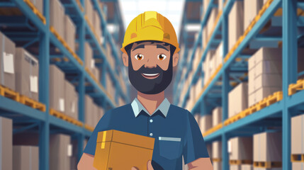 Cartoon illustration of a happy warehouse worker wearing a hard hat and holding a package in a large storage facility.
