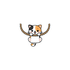 Cute calico cat hanging on rope cartoon, vector illustration
