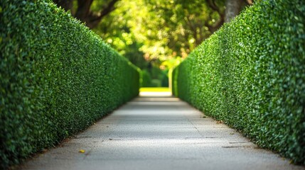 Obraz premium Gorgeous green plant fence made from tall hedges, lining a peaceful walkway in a well-kept garden with a realistic natural background