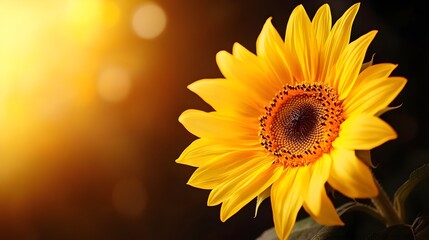 Fototapeta premium Close-up of a sunflower, bathed in soft, diffused light, set against a deep, shadowy backgroundThe bright yellow petals contrast with the darkness, creating an impactful visual
