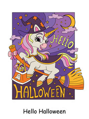 Halloween postcard unicorn witch and lettering vector illustration