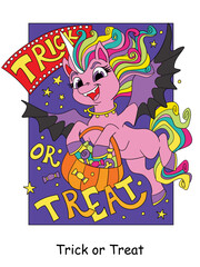 Halloween cute unicorn and lettering vector illustration