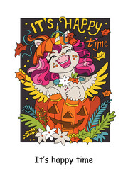 Halloween postcard happy unicorn and lettering vector illustration