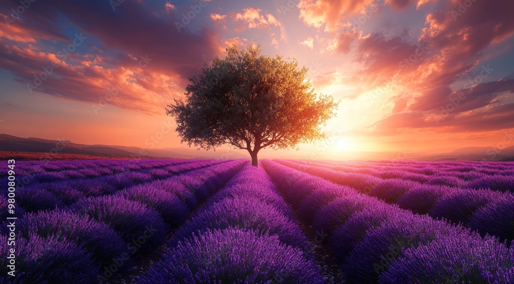 Poster sunset over lavender fields