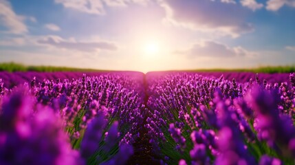 Obraz premium Endless rows of lavender in bloom under a crisp blue sky, the vibrant colors contrasting to create a soothing and tranquil ambiance