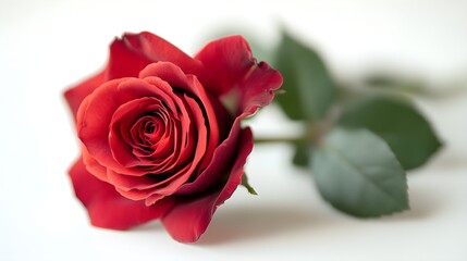 Elegant red rose in focus, set against a seamless white background, soft shadows adding subtle depth, perfect for sophisticated visuals