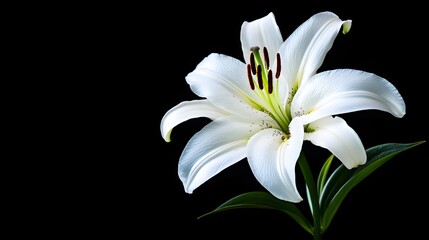Fototapeta premium Elegant white lily in macro focus, petals softly illuminated against a dark backdrop, emphasizing the purity and simplicity, perfect for minimalistic compositions