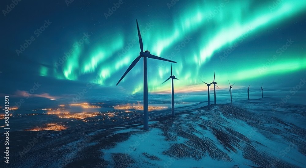 Poster wind turbines under the aurora borealis