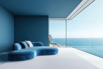 Sleek contemporary living room featuring a velvet sofa in white and blue resin flooring a carpet and ocean view windows Luxurious interior 3D rendering