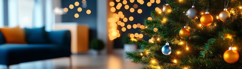 Festive Christmas tree sparkling with ornaments in a warm, cozy setting.