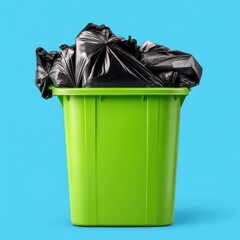 Vibrant green trash bin filled with black garbage bags, set against a bright blue background, perfect for waste management themes.