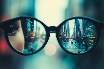 Close up of eyeglasses with a city reflection.  Abstract vision concept.