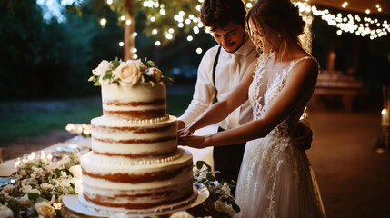 A bride and groom cut their wedding cake together under fairy lights.