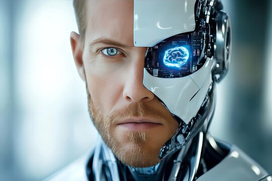 Cyborg man with half human half robotic face symbolizing the fusion of human consciousness with artificial intelligence and the future of cybernetic identity in a futuristic setting