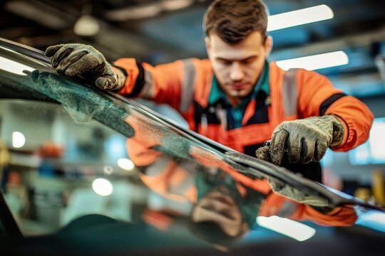 Specialized automotive technicians replace a vehicle s old windshield at a service garage