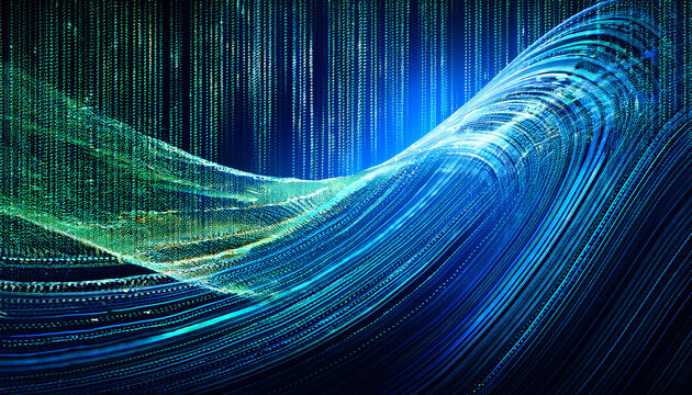 Abstract binary code wave background image blue green tones