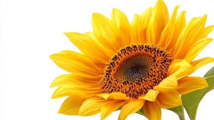 Fototapeta premium Sunflower center close-up, highlighting intricate seed arrangement and radiant petals on solid white background, single object