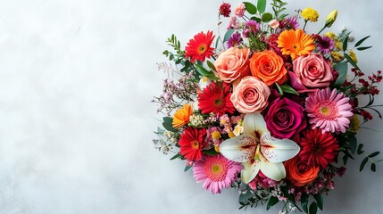 Top view of a vibrant mixed bouquet with roses, lilies, and daisies on a white textured background, colors pop beautifully, on solid white background
