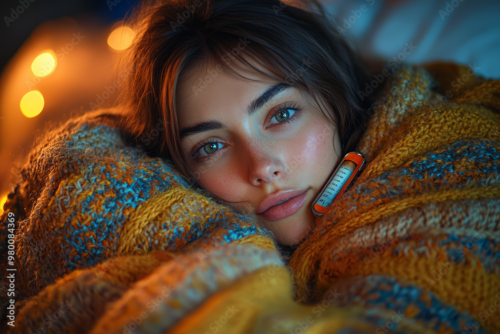 Poster A woman lying in bed, bundled in layers, with a thermometer in her mouth, indicating a fever. Concept of flu symptoms during colder months.