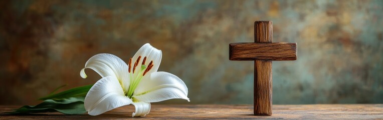 Wooden cross and white lily symbolizing Easter