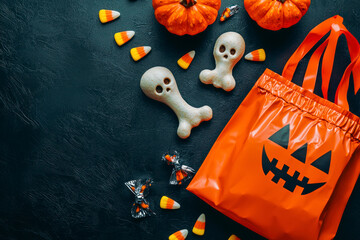Elegant Halloween trick-or-treat concept. Top view showcasing thematic elements: mini pumpkins, bone, bag with candy corn.