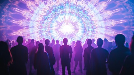 Obraz premium Vibrant Crowd Celebrating at a Kaleidoscopic Light Sculpture During an Evening Music Festival, Energetic Atmosphere, Colorful Lights, Joyful Dancing, Enchanting Experience