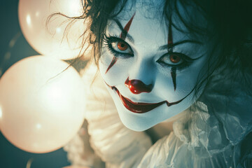 Scary stories. Portrait of an evil clown girl in a white circus outfit who smiles sweetly and sinisterly at the camera.