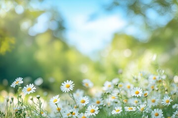 Beautiful blurred spring background nature with blooming glade chamomile, trees and blue sky on a sunny day, ai