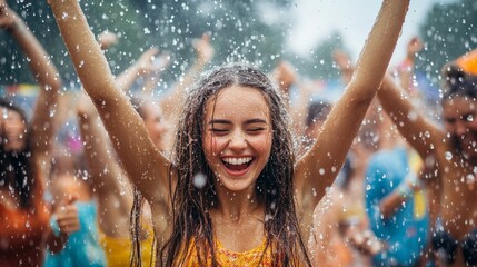 Obraz premium Joyful friends celebrating at a music festival, dancing exuberantly in the rain, embracing the vibrant atmosphere and infectious energy of the moment