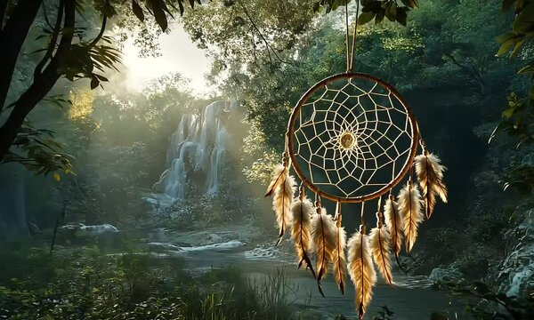 Dreamcatcher hanging in forest near waterfall with ai generated.
