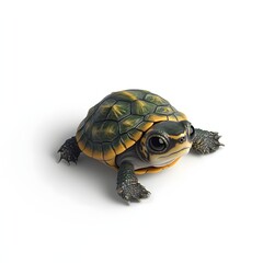 9. "Create a 3D image of a tiny turtle with big, captivating eyes, isolated on a smooth white background.