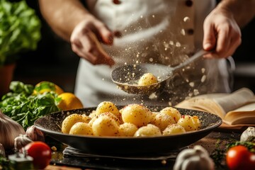 The chef seasons potatoes for baking frozen mid action with vegetables and a cookbook in the background
