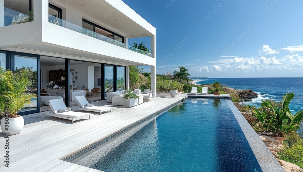 Poster modern villa with infinity pool and ocean views