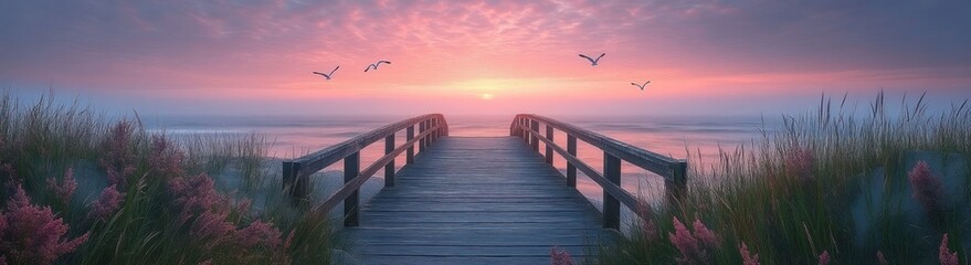 Obraz premium Sunrise Over a Wooden Bridge
