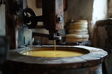 The millstone extracts olive oil from the press